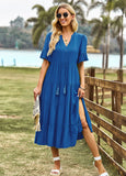 LOOSE CASUAL V-NECK SOLID COLOR DRESS