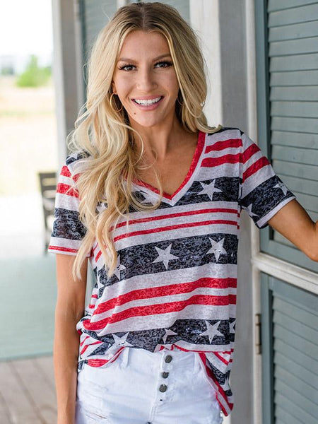 Stylish Printed V-neck Long Women's T-shirt