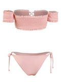 Shirred Lace-up Bardot Bikini Set