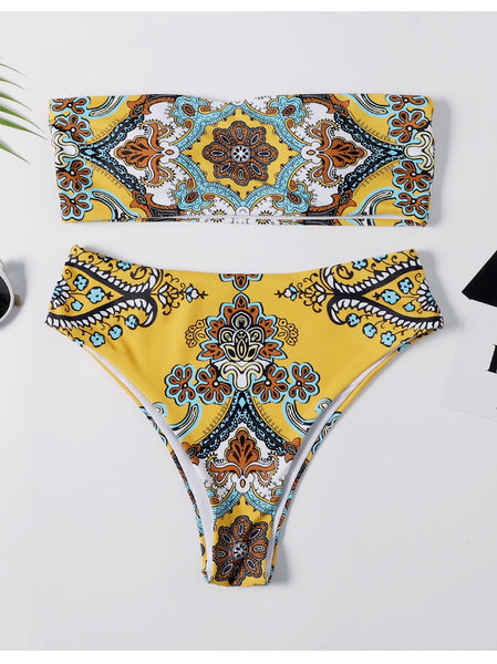 Retro Print Bandeau Bikini Set