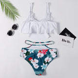 White Leaf Print Off The Shoulder Bikini Set