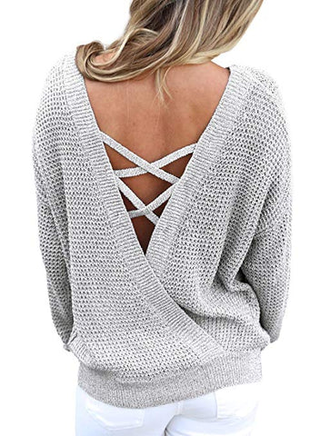 Women's Long Sleeve Criss Cross V Neck Knitted Sweater Backless Loose Jumper Sweaters