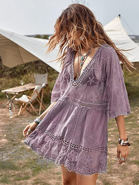 Women's Daring Plunge V-Neck Lace Bikini Cover-Up Beach Dress