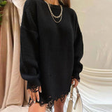 Women Sweater Oversize Knitted Black O Neck Long Sleeve Pullover