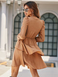 long-sleeved V-neck ruffled chiffon dress