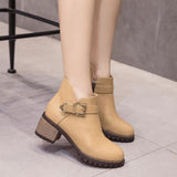 Cool Buckle Strap Mid Block Heel Short Boots