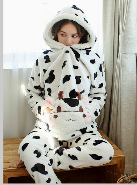 WINTER HOODED PAJAMAS COW NIGHTWEAR SUIT