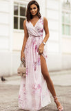 WHITE BOHO FLORAL PRINT V NECK SPLIT MAXI CHIFFON DRESS