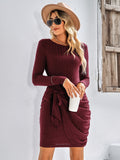 round neck long sleeve solid color slim ladies dress