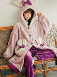 PURPLE RABBIT BOW THICKENED CASHMERE LONG TWO-PIECE ROBE