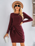 round neck long sleeve solid color slim ladies dress
