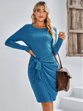 round neck long sleeve solid color slim ladies dress