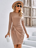round neck long sleeve solid color slim ladies dress