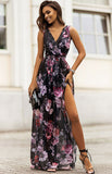 WHITE BOHO FLORAL PRINT V NECK SPLIT MAXI CHIFFON DRESS
