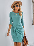 round neck long sleeve solid color slim ladies dress