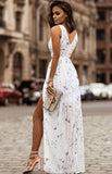 WHITE BOHO FLORAL PRINT V NECK SPLIT MAXI CHIFFON DRESS
