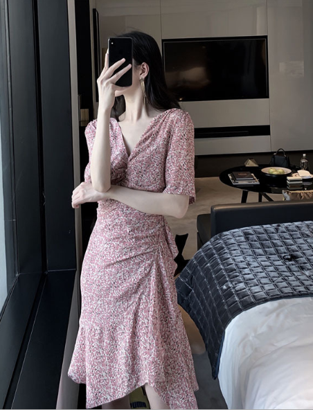 Sexy Ruffles Overlap Floral Midi Dress