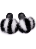 BLACK WHITE FOX FUR SLIPPERS REAL FUR SLIDES FEMALE INDOOR