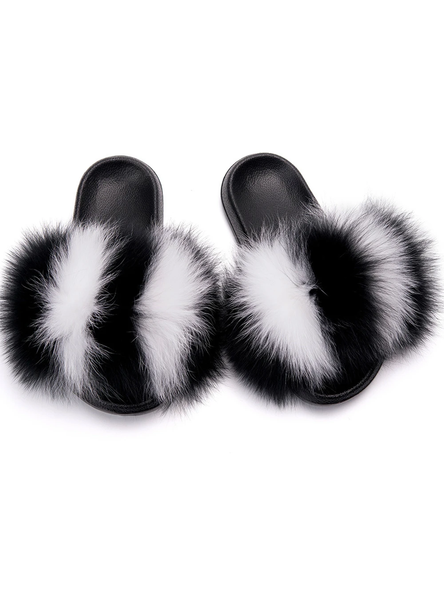 BLACK WHITE FOX FUR SLIPPERS REAL FUR SLIDES FEMALE INDOOR