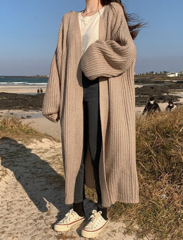 Cardigan Women Long Knitted Casual Vintage Loose Sweater Coat Solid Oversized Sweater