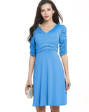 New Sexy V-neck Pleated Short-sleeved Solid Color Dress