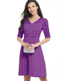 New Sexy V-neck Pleated Short-sleeved Solid Color Dress