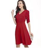 New Sexy V-neck Pleated Short-sleeved Solid Color Dress