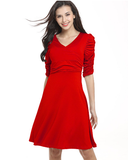 New Sexy V-neck Pleated Short-sleeved Solid Color Dress