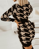 New Elegant Sexy V Neck Print High Waist Autumn Long Sleeve Mini Women's Dress