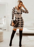 New Elegant Sexy V Neck Print High Waist Autumn Long Sleeve Mini Women's Dress