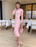 Women Knitted Autumn Winter Long Sleeve Ladies Dresses Elegant PleatedParty Female Sweater Dress