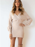 New Twist Knitted Sweater Dress Women Solid V-neck Long OL Female Casual Dress