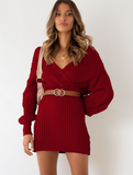 New Twist Knitted Sweater Dress Women Solid V-neck Long OL Female Casual Dress