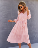 Elegant Half Sleeve Women Dress Casual V-neck Buttons Midi Dress Ladies A Line Women Dress