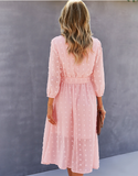 Elegant Half Sleeve Women Dress Casual V-neck Buttons Midi Dress Ladies A Line Women Dress