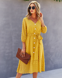 Elegant Half Sleeve Women Dress Casual V-neck Buttons Midi Dress Ladies A Line Women Dress