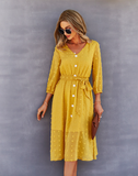 Elegant Half Sleeve Women Dress Casual V-neck Buttons Midi Dress Ladies A Line Women Dress