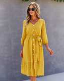 Elegant Half Sleeve Women Dress Casual V-neck Buttons Midi Dress Ladies A Line Women Dress