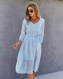 Elegant Half Sleeve Women Dress Casual V-neck Buttons Midi Dress Ladies A Line Women Dress