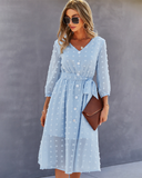 Elegant Half Sleeve Women Dress Casual V-neck Buttons Midi Dress Ladies A Line Women Dress