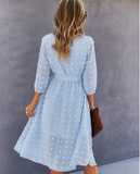Elegant Half Sleeve Women Dress Casual V-neck Buttons Midi Dress Ladies A Line Women Dress