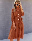 Elegant Half Sleeve Women Dress Casual V-neck Buttons Midi Dress Ladies A Line Women Dress