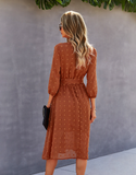 Elegant Half Sleeve Women Dress Casual V-neck Buttons Midi Dress Ladies A Line Women Dress
