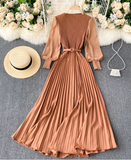 Fashion Modern Design Women's Elegant Round Neck Long Sleeve French Pleated Long Skirt