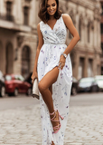 WHITE BOHO FLORAL PRINT V NECK SPLIT MAXI CHIFFON DRESS