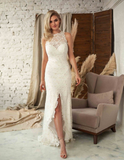 High Neck Long Lace White V-back Evening Dress