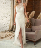 High Neck Long Lace White V-back Evening Dress