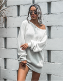 Leisure Off-the-Shoulder Lantern Sleeve Knitted Sweater Skirt