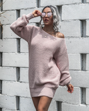 Leisure Off-the-Shoulder Lantern Sleeve Knitted Sweater Skirt