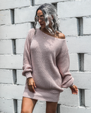 Leisure Off-the-Shoulder Lantern Sleeve Knitted Sweater Skirt